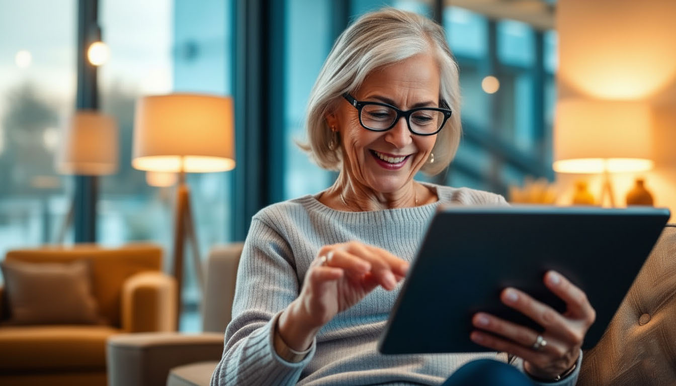 Seniors using AI technology - elderly woman smiling while using voice assistant on tablet